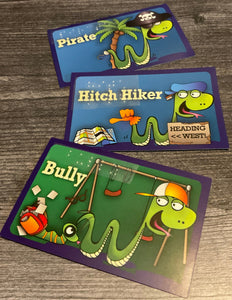 Customer cards for a pirate, a hitch hiker and a bully. All have transparent braille on them