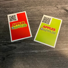 Load image into Gallery viewer, Apples to apple cards with QR code stickers on the back. The QR codes lead to the full text of the cards.
