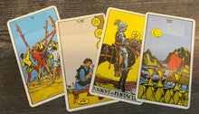 Load image into Gallery viewer, The 5 of wands, the 8 of pentacles, the knight of pentacles and the 8 of cups are shown with transparent braille on them
