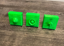 Load image into Gallery viewer, 3 green square beads with a different symbol on each On In Up
