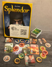 Load image into Gallery viewer, Shot of the Splendor game. Tokens with braille on them, the noble cards with transparent braille on them, and the game cards also have transparent braille on them.
