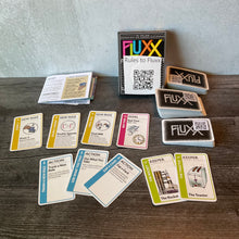 Load image into Gallery viewer, Wide shot of the game. The QR codes on the back of the cards can be seen. A few action, rules, and keepers are shown. Most of the function of the cards is embossed with transparent braille but the QR codes provide the original text.
