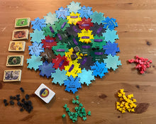 Load image into Gallery viewer, A shot showing the complete 3d printed board setup for the beginning of a game. All pieces and hexes have been completely replaced with 3d printed ones and the cards all have braille on them.

