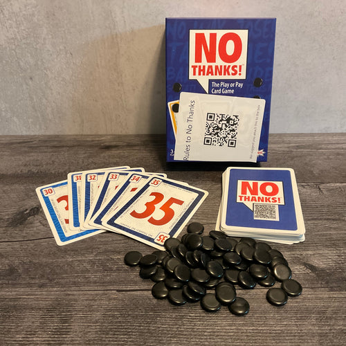 Shot of the No Thanks Box, cards with the transparent braille stickers on them and the QR codes for flavor text
