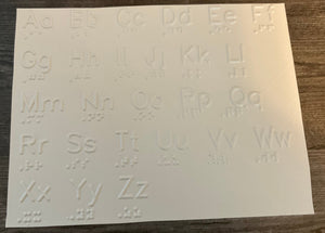 The alphabet in print on a piece of white plastic. It is extruded upward.