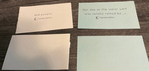 An example response card "old people" and an example prompt card "Our day at the water park was totally ruined by _". Two other cards are shown the back side of them, they have response and prompt written on them in braille. All cards are printed in large print with interpoint.