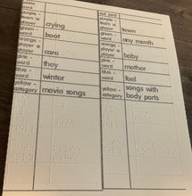 Load image into Gallery viewer, Large print/Braille replacement cards show all the different categories. The front of the cards are in one column and the back of the cards are in the other column
