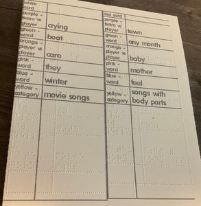 Large print/Braille replacement cards show all the different categories. The front of the cards are in one column and the back of the cards are in the other column
