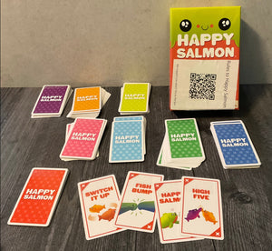 The game happy salmon with transparent braille on all of the cards.