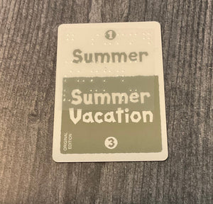 A grey card with Summer and summer vacation on it.