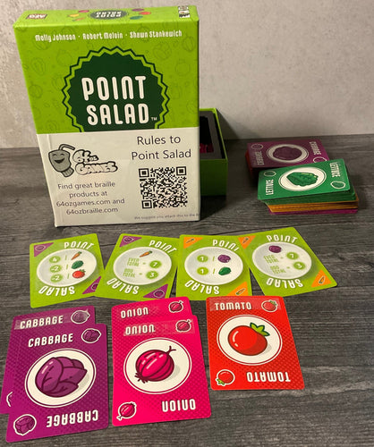 Point Salad in braille showing the fronts and backs of some cards