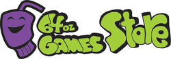 64 Oz Games Store's logo. It shows a happy purple cup and the words are in a balloony font.