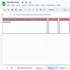 The spreadsheet where players will enter their answers. Using the spreadsheet assures that none of the players are certain who submitted what answer. 