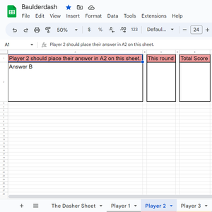 The spreadsheet where players will enter their answers. Using the spreadsheet assures that none of the players are certain who submitted what answer.