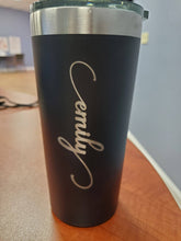 Load image into Gallery viewer, Black 20oz cup with Emily in silver cursive horizontally
