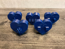 Load image into Gallery viewer, five blue heart shaped beads. Each has it&#39;s own symbol and braille as well as print Good Same Finished All Different
